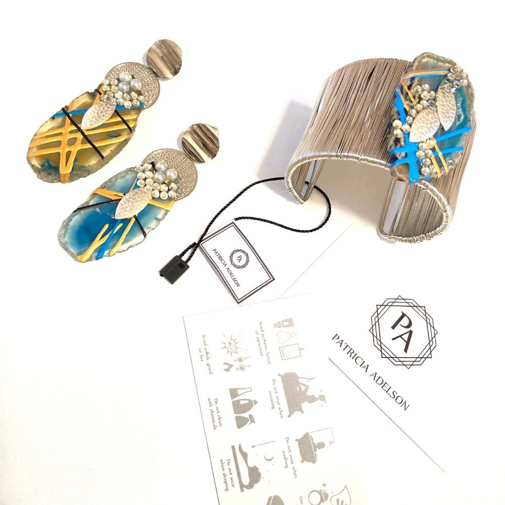 Gold Plated Bangle + Earrings BLUE Agate